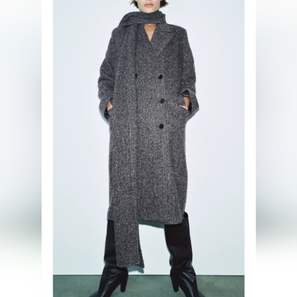 Zara Zw Collec Double-Breasted Wool Blend Oversized Coat with Scarf Size XS-S